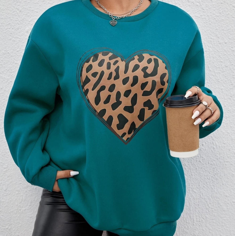 2 for $15 Plus Leopard & Heart Print Drop Shoulder Pullover